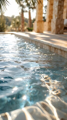 Wall Mural - photo of tranquil blue pool water with palm tree reflections