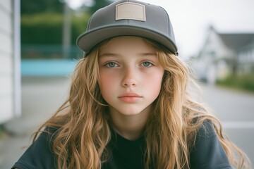 Close-up of a young girl with long hair and a cap, gazing directly at the camera in an outdoor setting.