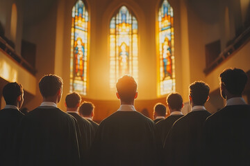 Poster - Diverse Church Choir Performing in Serene Cathedral Setting  