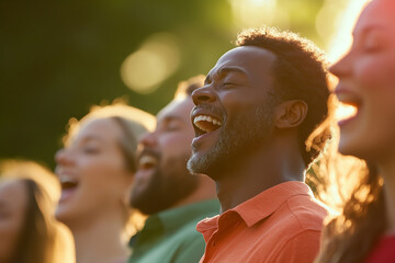 Poster - Joyful Multicultural Community Choir Singing Outdoors at Sunset  