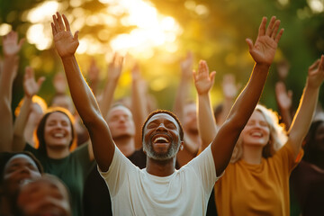 Poster - Joyful Multicultural Community Choir Singing Outdoors at Sunset  