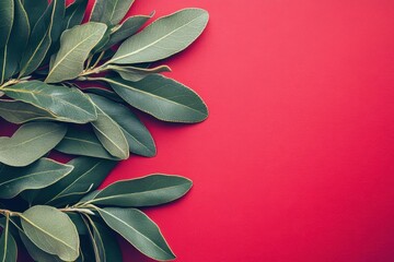 Vibrant red backdrop with fresh green bay leaves