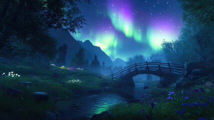 the natural outline of a serene garden under the mesmerizing northern lights, with a focal point of 