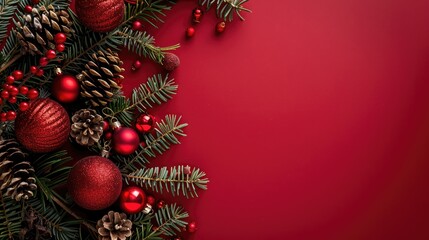 Christmas concept background. Christmas ornament and christmas decoration with space for text over a red background