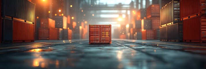 Poster - Moody and cinematic illuminated warehouse district at night with stacks of cargo containers in a rainy urban landscape. Reflections from the wet road,dark atmosphere.