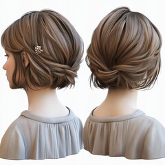 Stylish bob haircut featuring soft waves and a decorative hairpin for a modern, chic look.