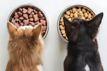 Top view of two dogs eating bowls