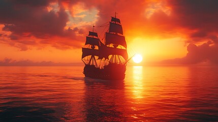 Majestic pirate ship adorned with sails against stunning sunset near tropical island