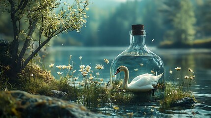 Majestic swan elegantly positioned near vase adorned with blossoming tree beside lake