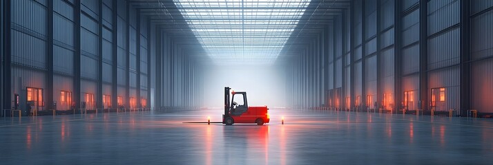 Poster - The vast and technologically advanced interior of a modern warehouse facility showcases the efficient logistics and distribution within. The spacious and well-lit environment features heavy machinery.