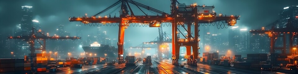 Poster - This image captures the dynamic and bustling atmosphere of a major cargo port at night. Towering gantry cranes stand tall against an illuminated cityscape.