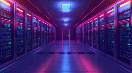 A data center with rows of server racks, blinking lights, and cooling systems, illustrating the infrastructure of information technology cartoon Vector Illustration