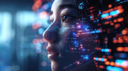 A conceptual illustration of AI and human interaction, with a digital interface overlaying a human face