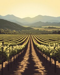 Wall Mural - A vineyard with rows of grapevines leading to mountains in the distance.