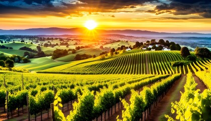 Wall Mural - Picturesque Sunset Over Lush Vineyards Highlighting Agricultural Beauty for Wine and Travel Enthusiasts