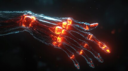 Poster - Futuristic robotic hand with glowing orange elements, showcasing advanced technology and digital innovation in a dark background.