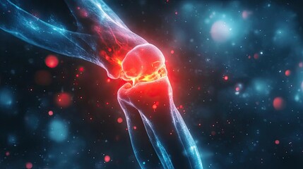 Poster - A detailed visualization of a human knee joint demonstrating pain and inflammation through vibrant colors and digital effects.