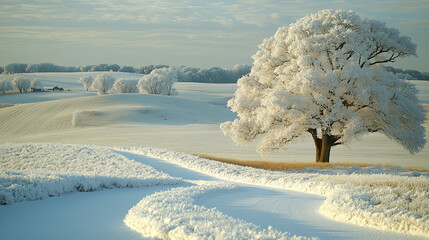 Poster - Winter Landscape Featuring a Solitary Tree Surrounded by Snow-Covered Hills and a Winding Path on a Clear Day in a Serene Rural Setting