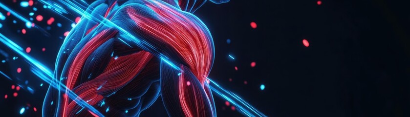 Poster - A dynamic abstract representation of a human muscle, illuminated with vibrant blue and red lights against a dark background.