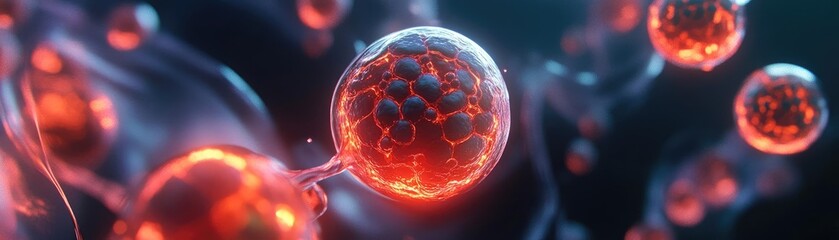 Poster - Vibrant close-up of glowing red cells showcasing cellular structure and scientific beauty in a dark, abstract environment.
