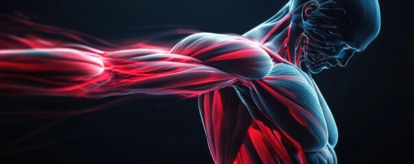 Poster - Illustration of human anatomy showcasing muscles and tissues in dynamic motion. Ideal for health, fitness, and education purposes.
