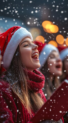 Canvas Print - Holiday Choir Singing Christmas Carols with Festive Decorations  