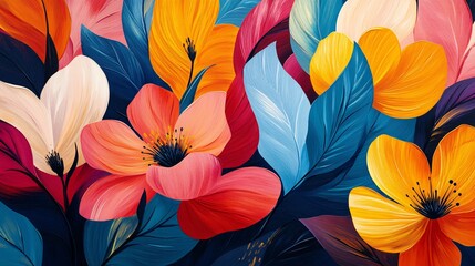 Wall Mural - A vibrant hand-painted abstract floral pattern in a seamless style, featuring bold, bright colors and flowing shapes, creating a lively, artistic design.