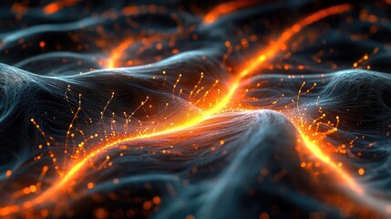 Aufkleber - A mesmerizing abstract landscape of glowing energy, showcasing vibrant orange patterns amid dark undulating textures.
