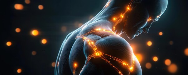 Poster - A glowing human figure with illuminated circuits, symbolizing energy, technology, and the connection between body and mind.