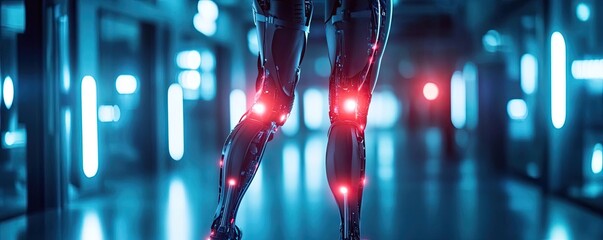 Aufkleber - Futuristic robotic legs with glowing joints in a high-tech environment, showcasing advanced technology and innovation.