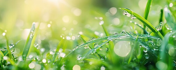 Poster - Close-up of fresh green grass with dew drops glistening in the morning light, showcasing the beauty of nature.
