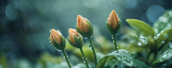 Poster - Fresh flower buds in the rain, surrounded by lush green leaves, creating a serene and calming nature scene.