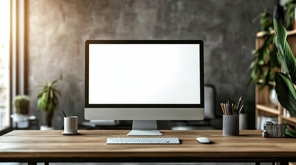 Fototapete - Mockup computer screen on wooden table in modern room. Workplace concept