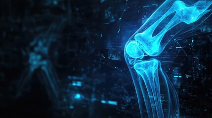 Poster - Detailed X-ray image of a human knee joint, showcasing futuristic blue hues and digital effects, ideal for medical or tech themes.