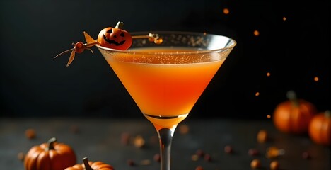 On a dark background, a close-up is shown of a tasty orange cocktail in a glass with decorations for Halloween