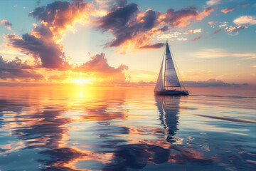 a person sailing on a calm sea with a beautiful sunset for advertisement