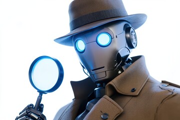 A robot in a detective costume is holding a magnifying glass on a white background