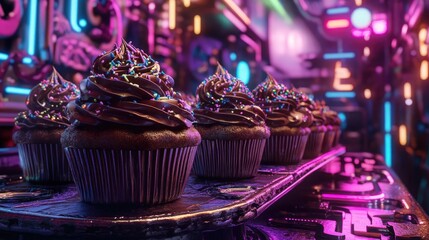 Poster - Delicious chocolate cupcakes adorned with vibrant frosting in a futuristic setting, perfect for dessert lovers and food enthusiasts.