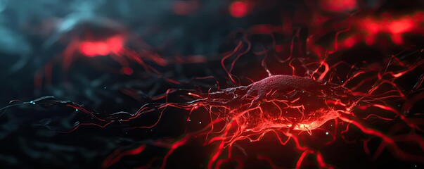Poster - Intricate red and blue abstract image depicting cellular structures pulsating with energy, perfect for scientific and artistic themes.