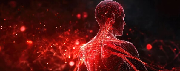 Poster - Illustration of the human body showcasing muscles and veins in vibrant red tones against a dark background.