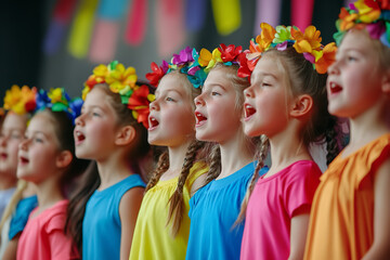 Wall Mural - Children’s Choir Singing at School Event with Colorful Decorations 