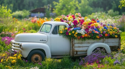 Retro white truck adorned with a trunk full of colorful spring blooms, set amidst a rural garden backdrop with green meadows