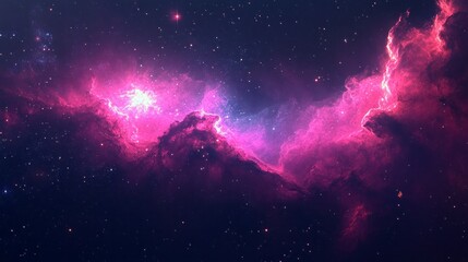 A vibrant pink nebula fills the dark expanse of space, dotted with twinkling stars.