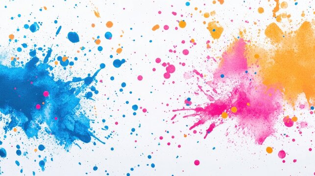 Splattered paint in bright blue, pink, and orange against a white backdrop. A colorful explosion for creative designs.