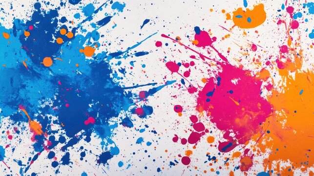 Splattered paint in bright blue, pink, and orange against a white backdrop. A colorful explosion for creative designs.