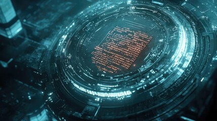 Poster - Futuristic digital interface with glowing elements, showcasing advanced technology and data processing in a cybernetic environment.