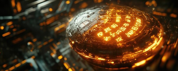 Poster - Futuristic technology orb with glowing elements, showcasing intricate details and a vibrant design set in a sci-fi environment.