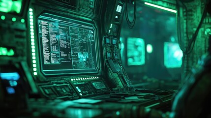 Poster - Futuristic control room with green screens displaying complex data. Ideal for technology and sci-fi themes.