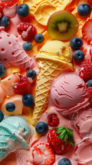 ice cream close-up with the taste of exotic fruits, 3D copy space rich in bright colors tenderness