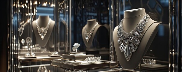 Poster - Elegant jewelry display featuring stunning necklaces and rings in a luxurious showcase, perfect for inspiration and admiration.